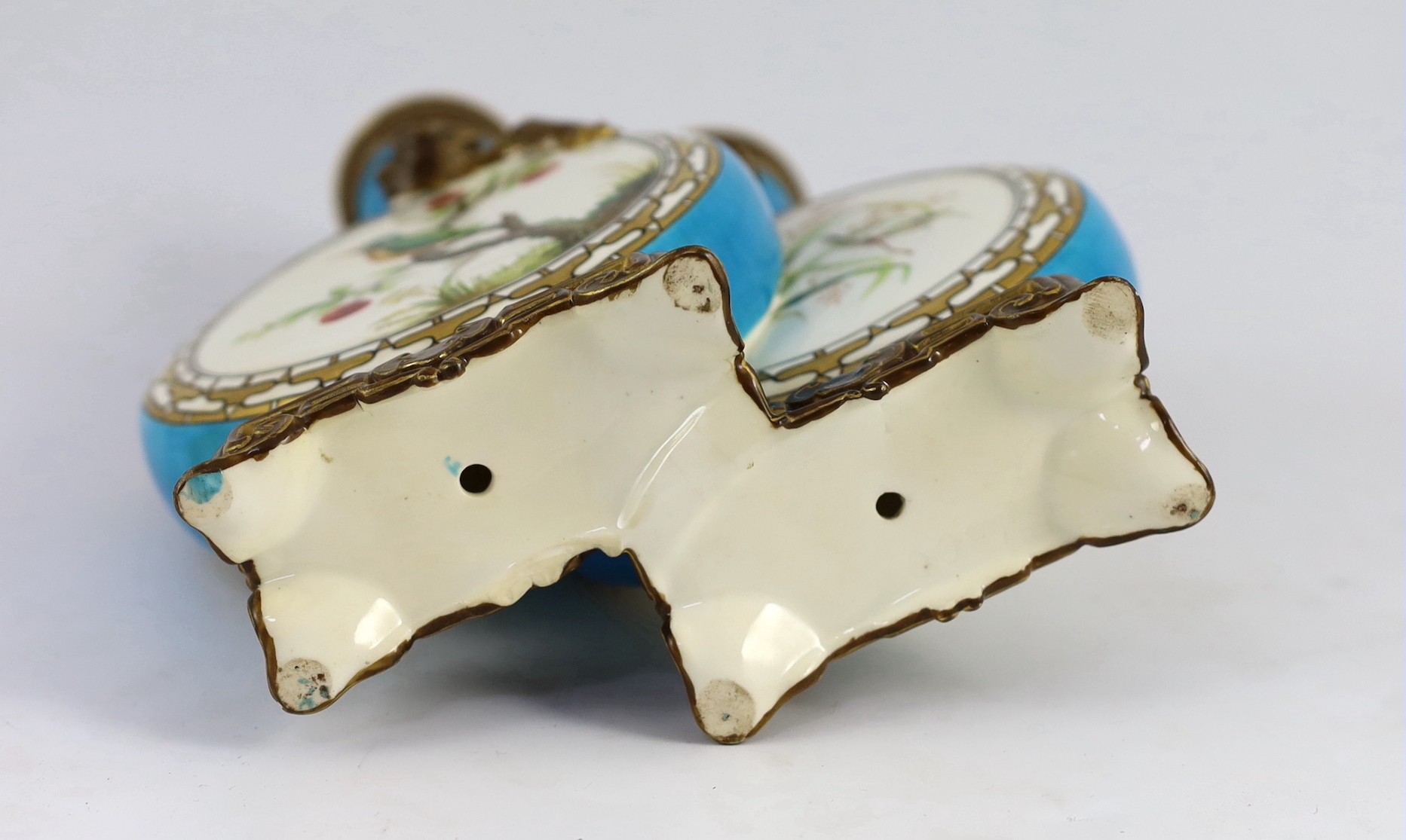 A rare Mintons Aesthetic period porcelain double moon flask, manner of Dr. Christopher Dresser, 21.8cm high